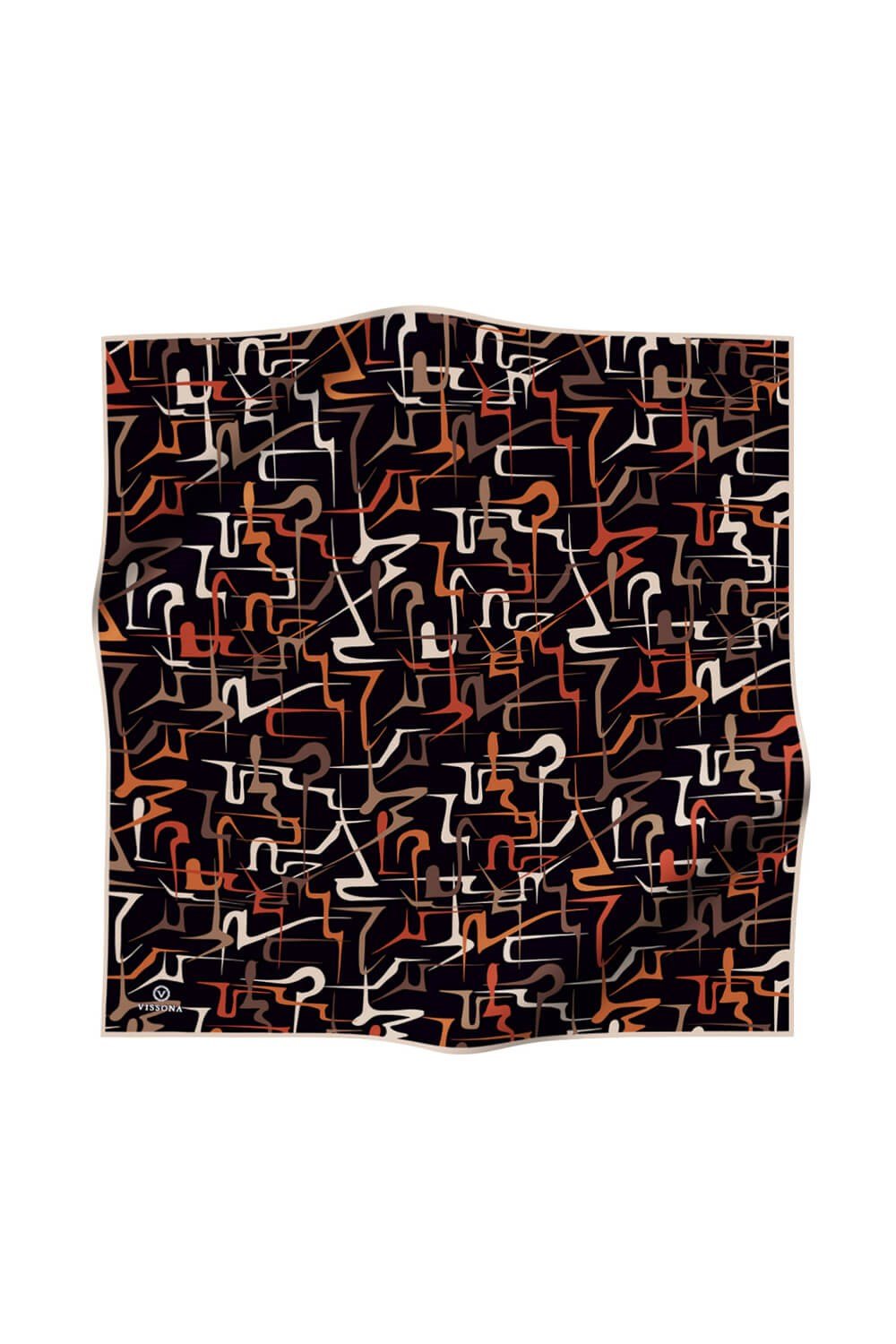 %100 Twill İpek Soyut Geometrik Desenli Taba - Sütlü Kahve Renkli 90x90 Eşarp Dikim Şekli : El Dikişi