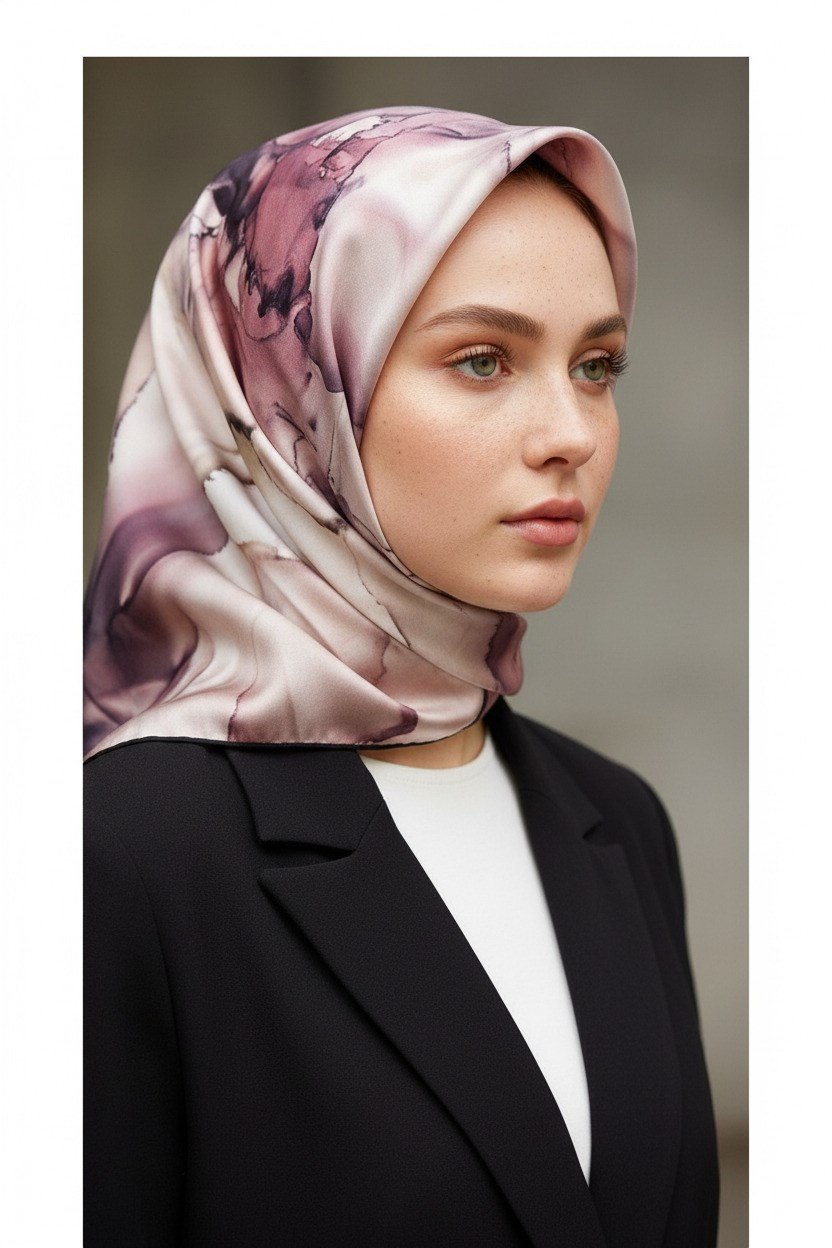 %100 Twill İpek Batik Çiçek Desenli Pudra - Bej Renkli 90x90 Eşarp Kenar Dikiş Şekli El Dikişli