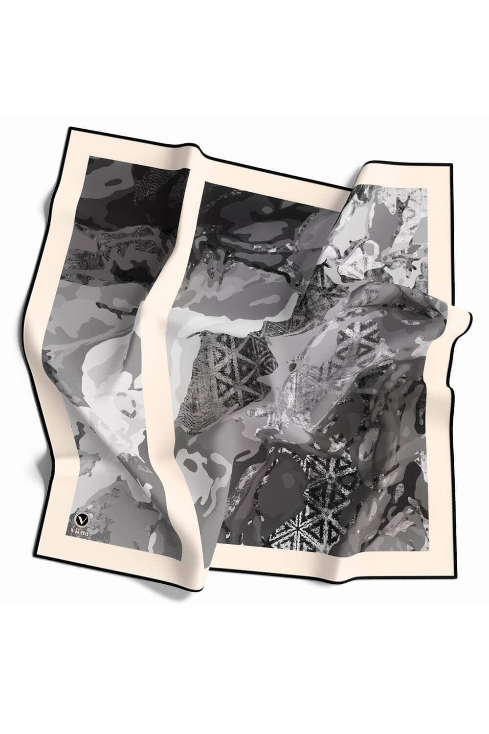 Twill Etnik ve Batik Desenli Gri Renkli 90x90 Eşarp (İpek İçermez) Dikim Şekli : El Dikişi