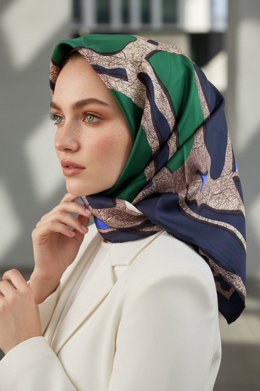 % 57 İPEK % 43 VİSKON Twill İpek Gold Efektli Geometrik Desenli Lacivert - Zümrüt Yeşili Renkli 90x90 Eşarp Dikim Şekli : El Dikişi