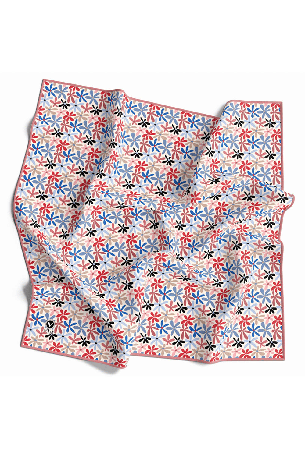 Twill Renkli Çiçek Desenli Pudra - Bebe Mavisi Renkli 90x90 Eşarp (İpek İçermez) Kenar Dikiş Şekli El Dikişli