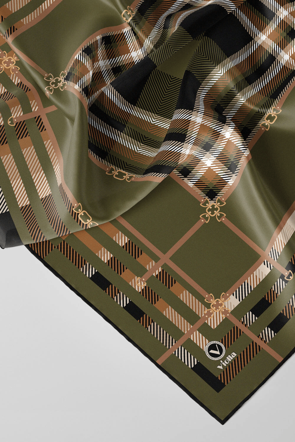 Twill Kemerli ve Ekose Desenli Haki Yeşili Renkli 90x90 Eşarp (İpek İçermez)Kenar Dikiş Şekli El Dikişli