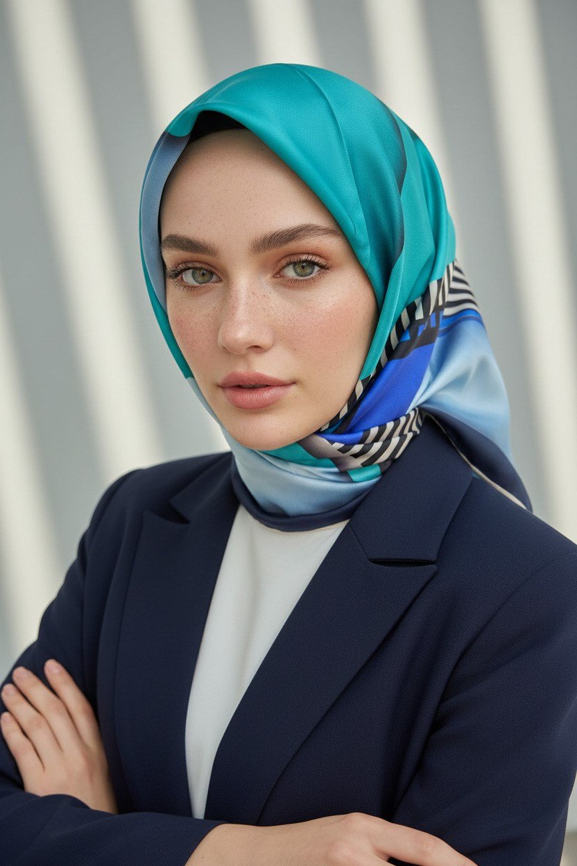 %100 Twill Renk Bloklu Çizgili Desenli Bebe Mavisi - Saks Renkli 90x90 Eşarp Dikim Şekli: El Dikişii