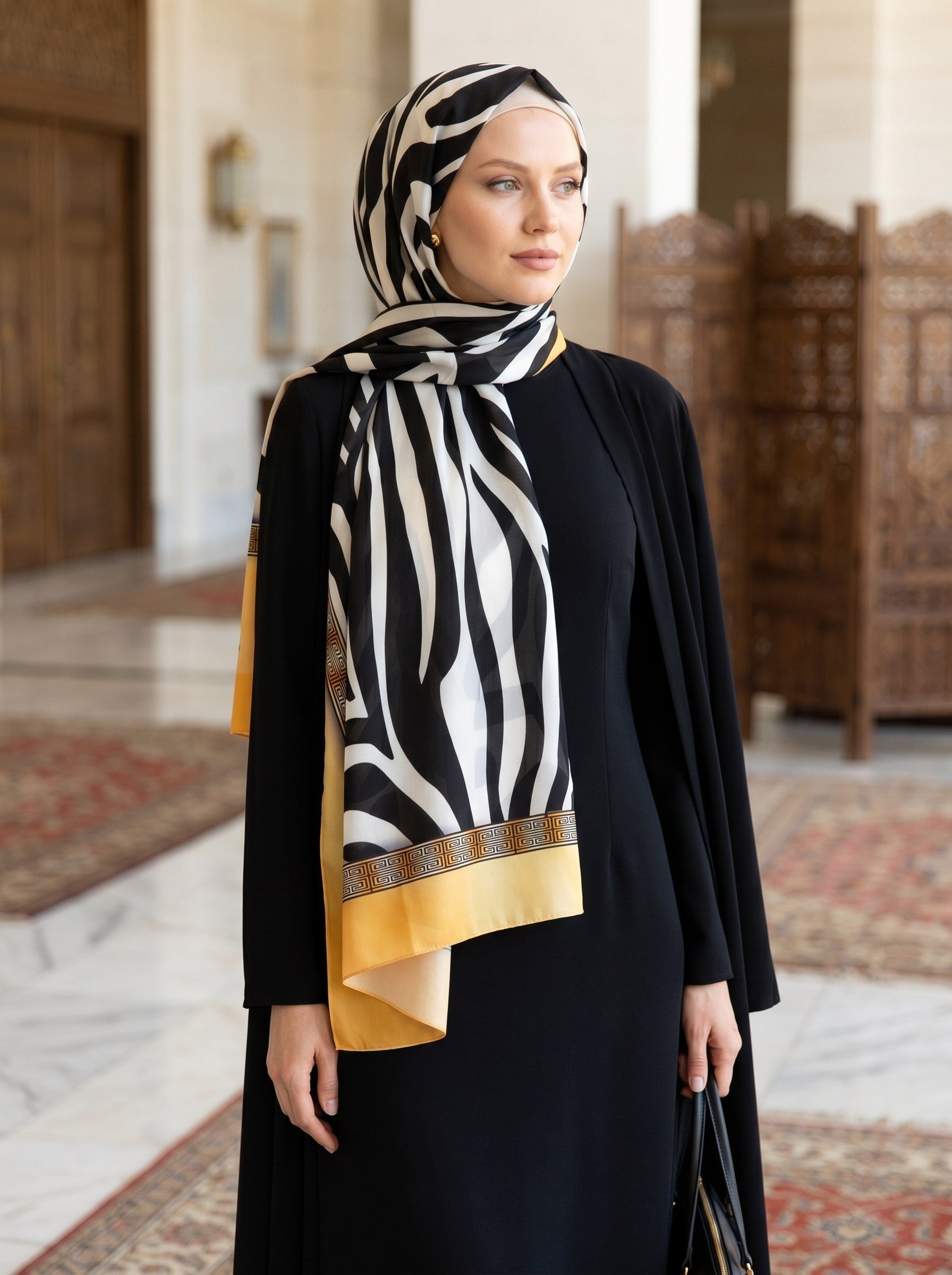 %100 Saf İpek Şal İnce Saten Vual Dokuma Zebra Desenli 90x210 Şal