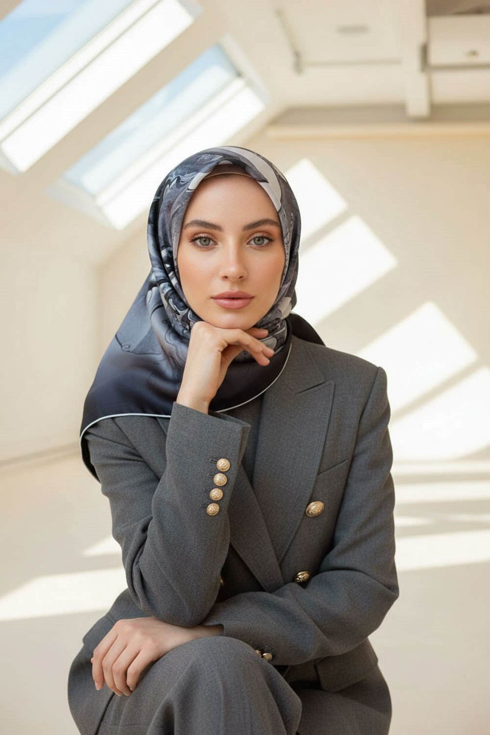%100 Twill İpek Batik Çiçek Desenli Siyah - Gümüş Renkli 90x90 Eşarp Dikim Şekli : El Dikişi