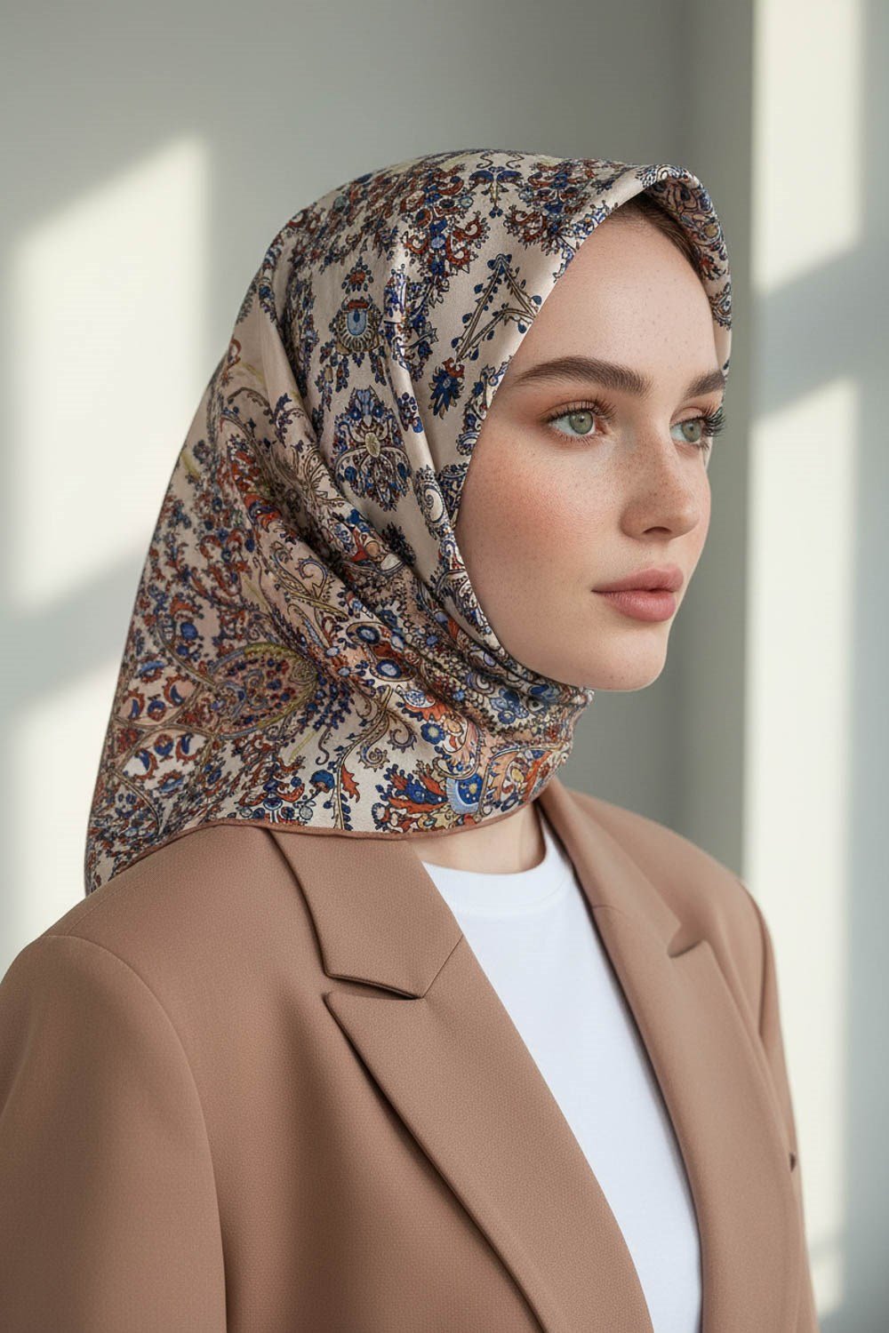 %100 Twill İpek Şal Desenli Bakır Renkli 90x90 Eşarp Dikim Şekli : El Dikişi