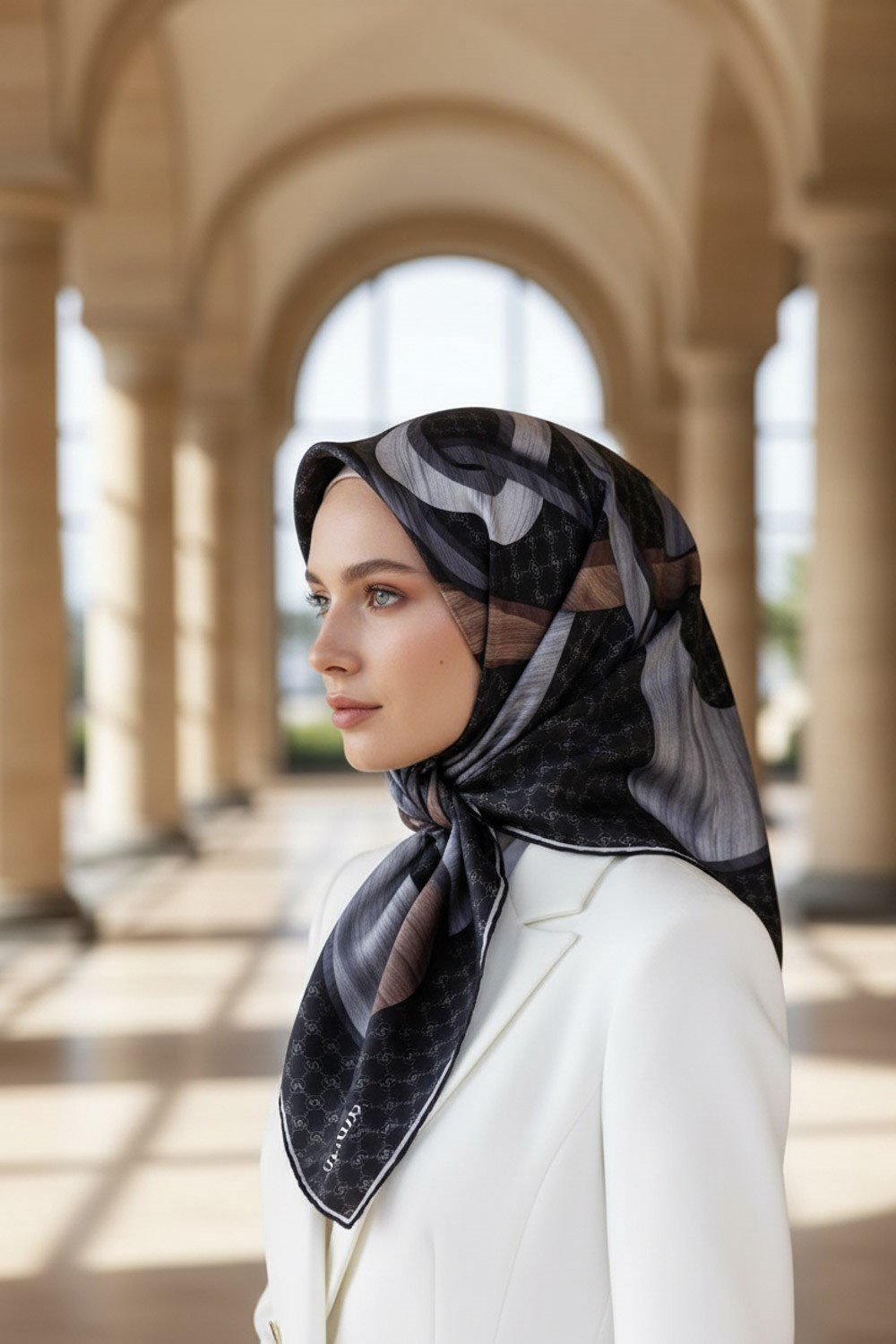 100% Twill Geometrik Halka Desenli Siyah - Gri Renkli 90x90 Dikim Şekli : El Dikişi Eşarp