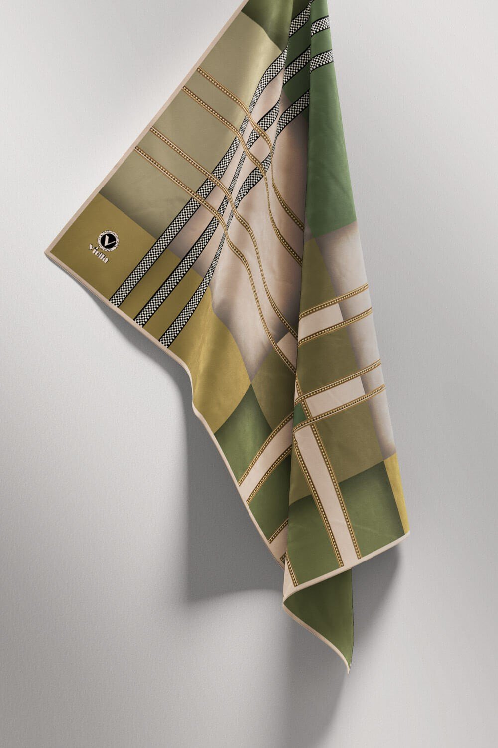 Twill Geometrik Desenli Zümrüt Yeşili - Haki Yeşili Renkli 90x90 Eşarp (İpek İçermez) Kenar Dikiş Şekli El Dikişli