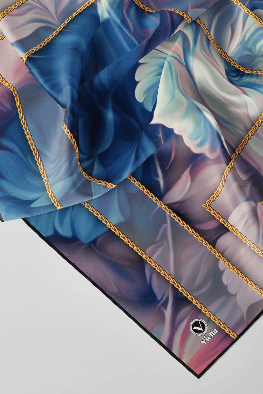 Twill Gül Desenli Bebe Mavisi - Pudra Renkli 90x90 Eşarp (İpek İçermez) Kenar Dikiş Şekli El Dikişli