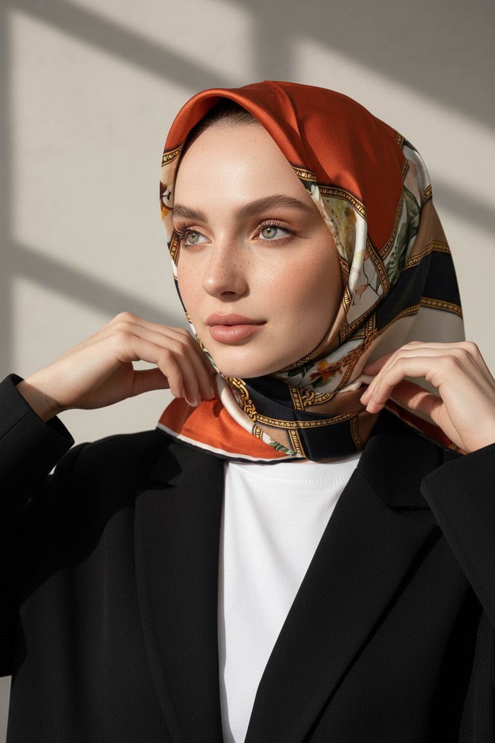 100% Twill İpek Şeritli Çiçek Desenli Taba - Krem Renkli 90x90 Dikim Şekli : El Dikişi Eşarp