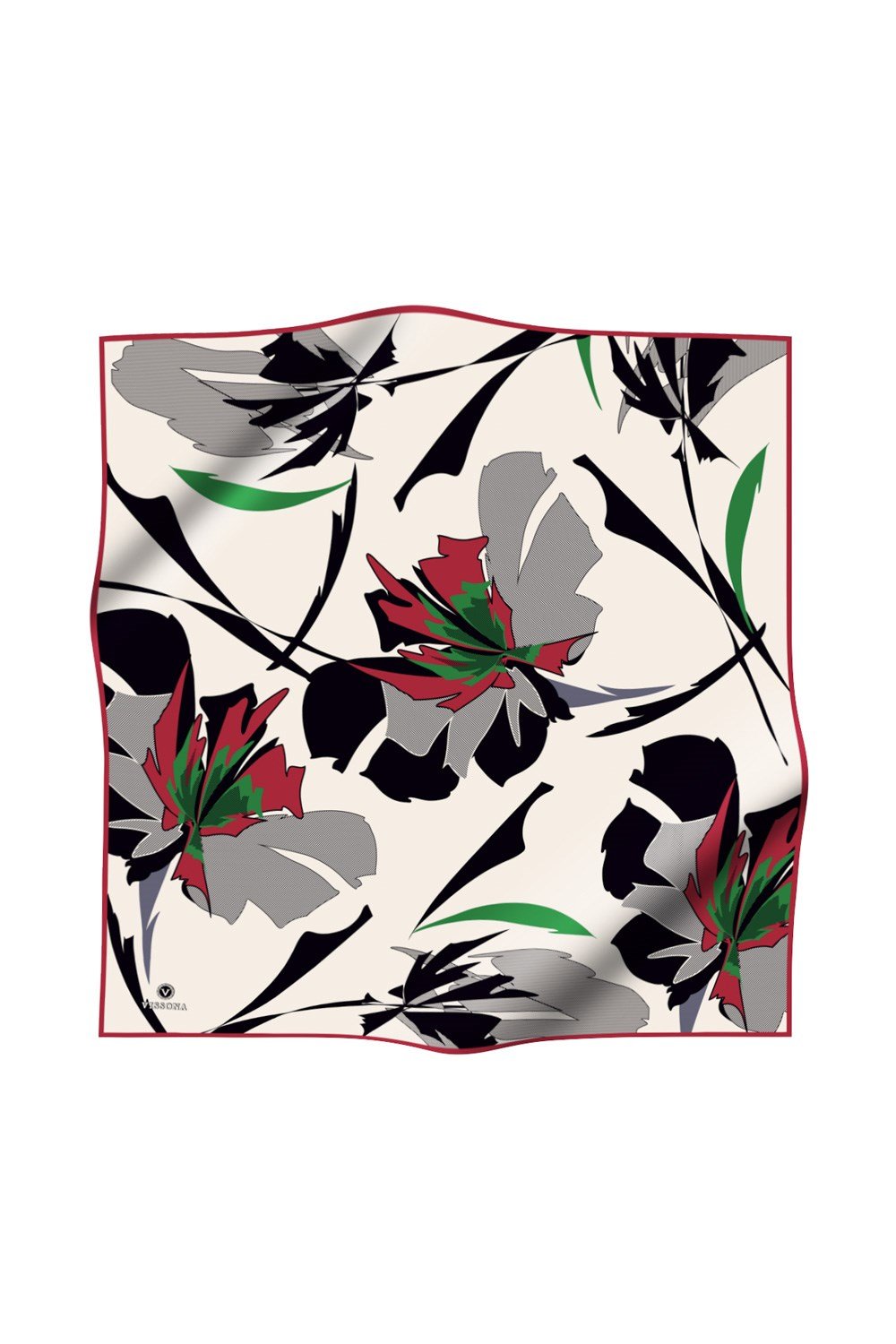 %100 Twill İpek Çiçek Desenli Krem - Bordo Renkli 90x90 Eşarp Dikim Şekli : El Dikişi