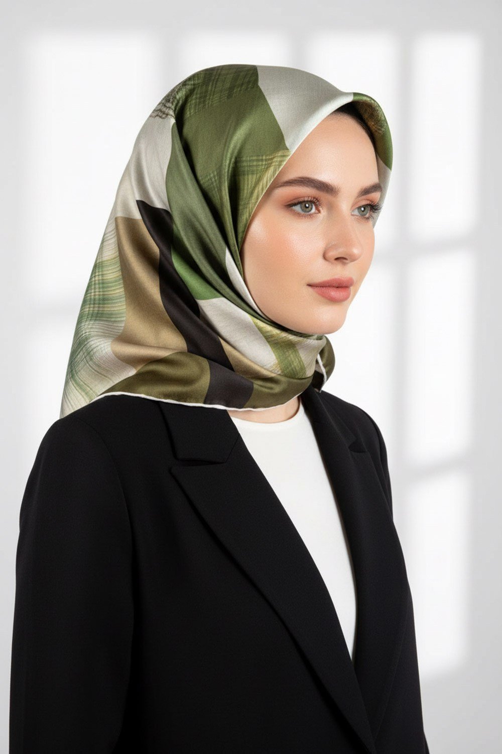 Twill Geometrik Desenli Haki Renkli 90x90 Eşarp (İpek İçermez) Kenar Dikiş Şekli El Dikişli
