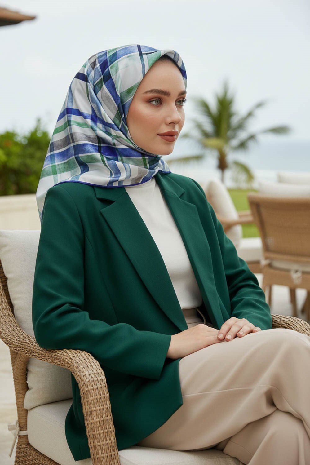 %100 Twill İpek Ekose Desenli Saks - Zümrüt Yeşili Renkli 90x90 Eşarp Kenar Dikiş Şekli El Dikişli