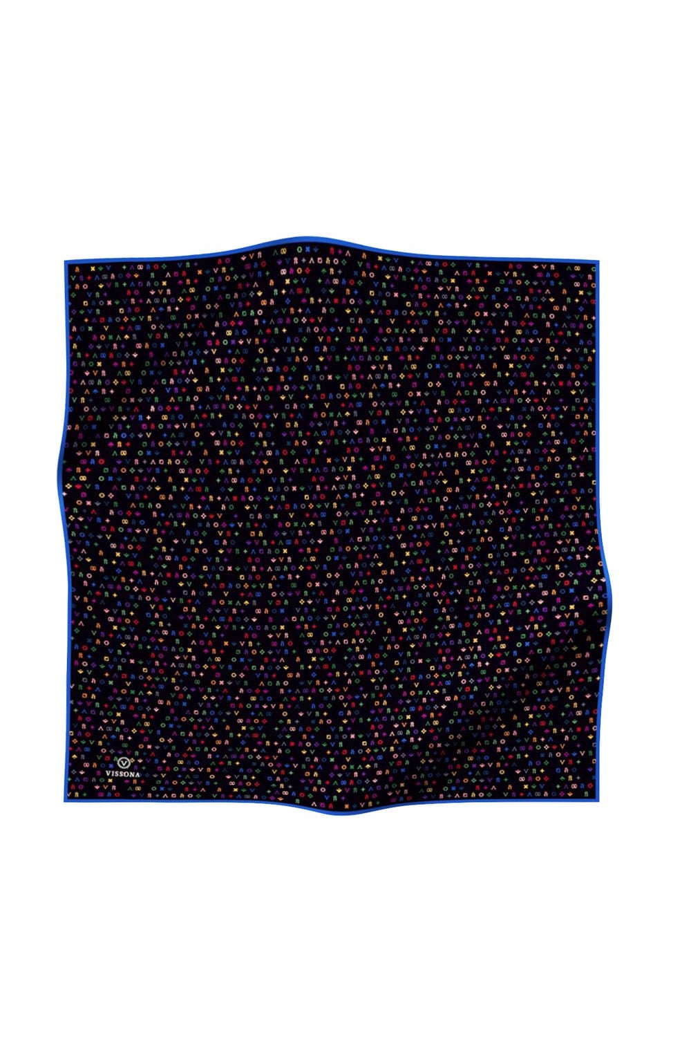 %100 Twill İpek Çıtır Motif Desenli Siyah - Saks Renkli 90x90 Eşarp Dikim Şekli : El Dikişi