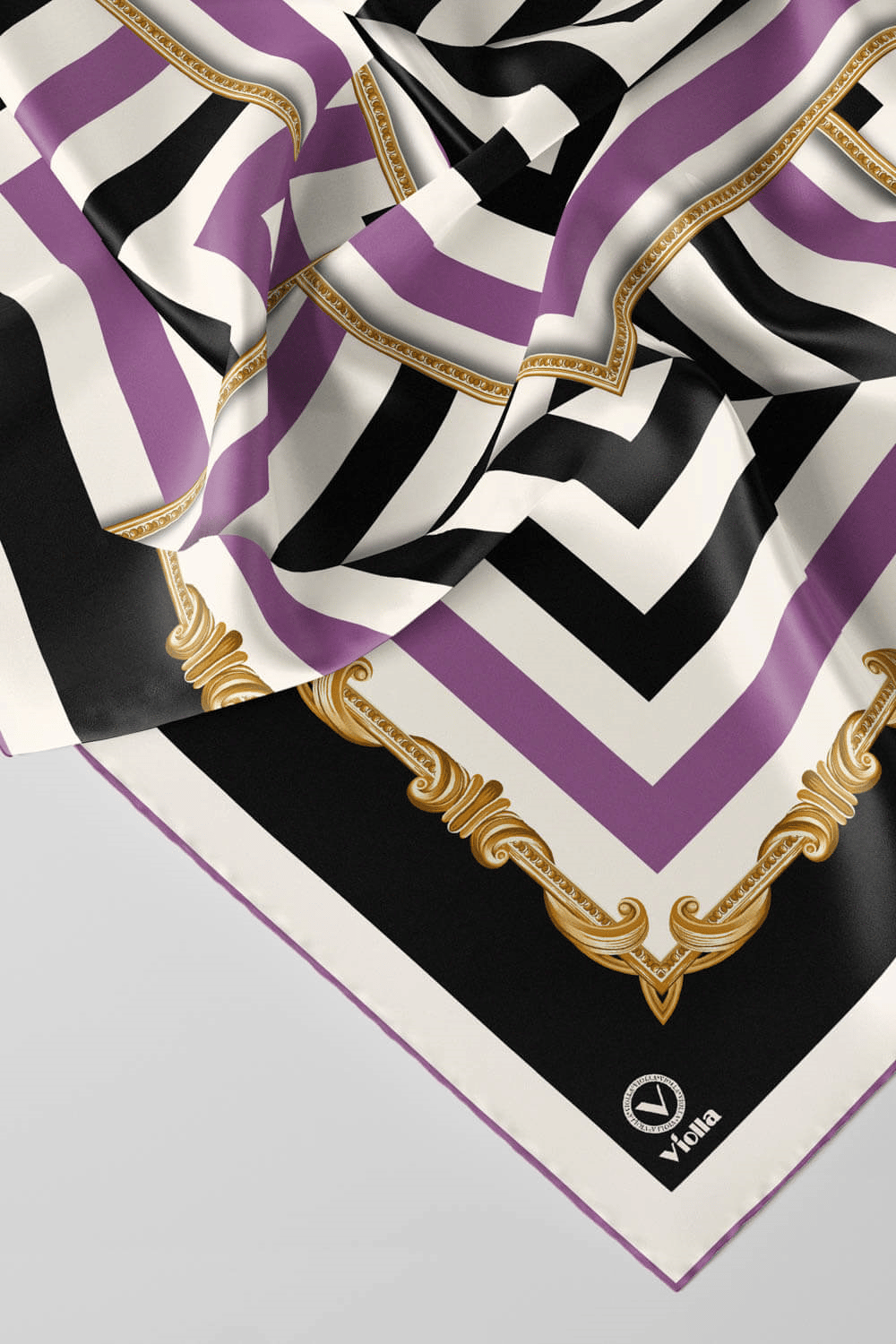 Twill Geometrik Desenli Lila Renkli 90x90 Eşarp (İpek İçermez) Kenar Dikiş Şekli El Dikişli