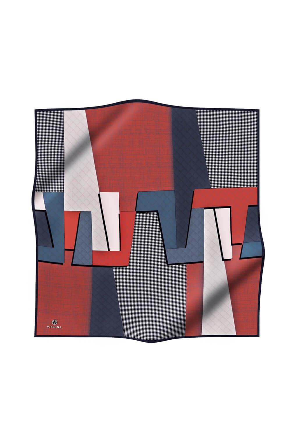 %100 Twill İpek Kazayaklı Ve Geometrik Desenli Kırmızı - İndigo Renkli 90x90 Eşarp Dikim Şekli : El Dikişi