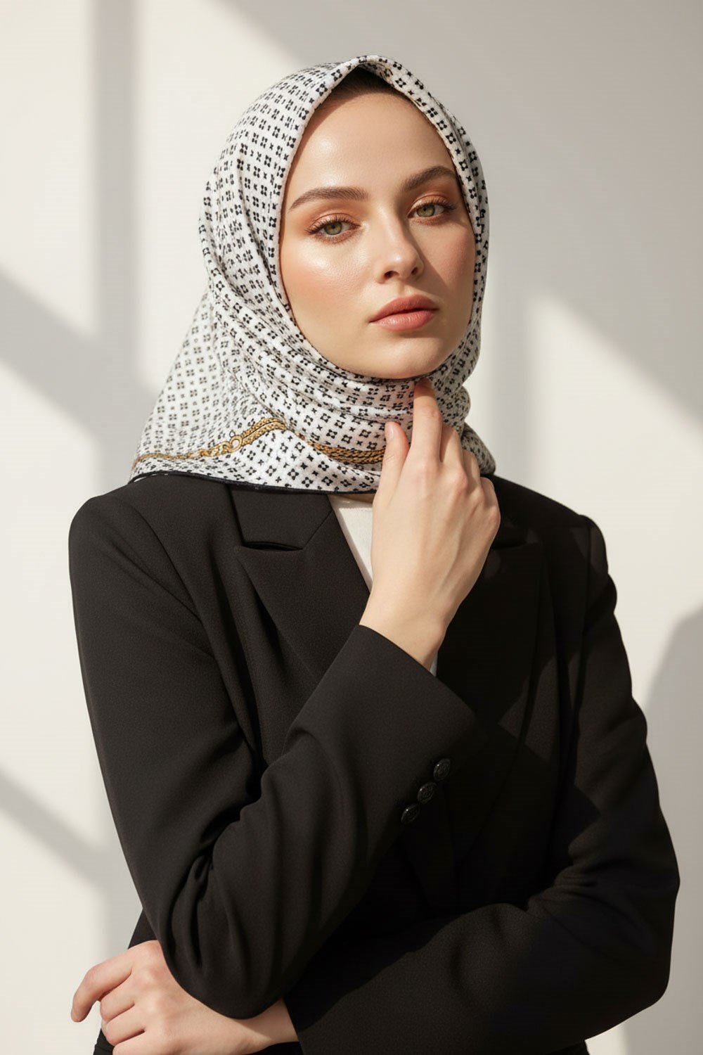 %100 Twill İpek Zincir Desenli Krem - Siyah Renkli 90x90 Eşarp Dikim Şekli : El Dikişi