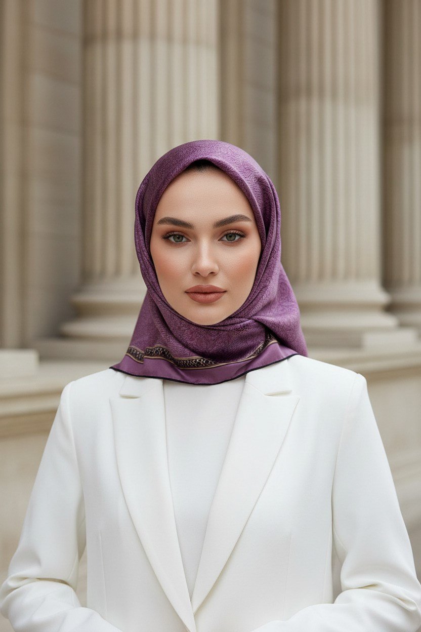 %57 İpek %43 Viskon Twill Eşarp 90x90 Lila Barok Desenli El Dikişli Kadın Eşarp