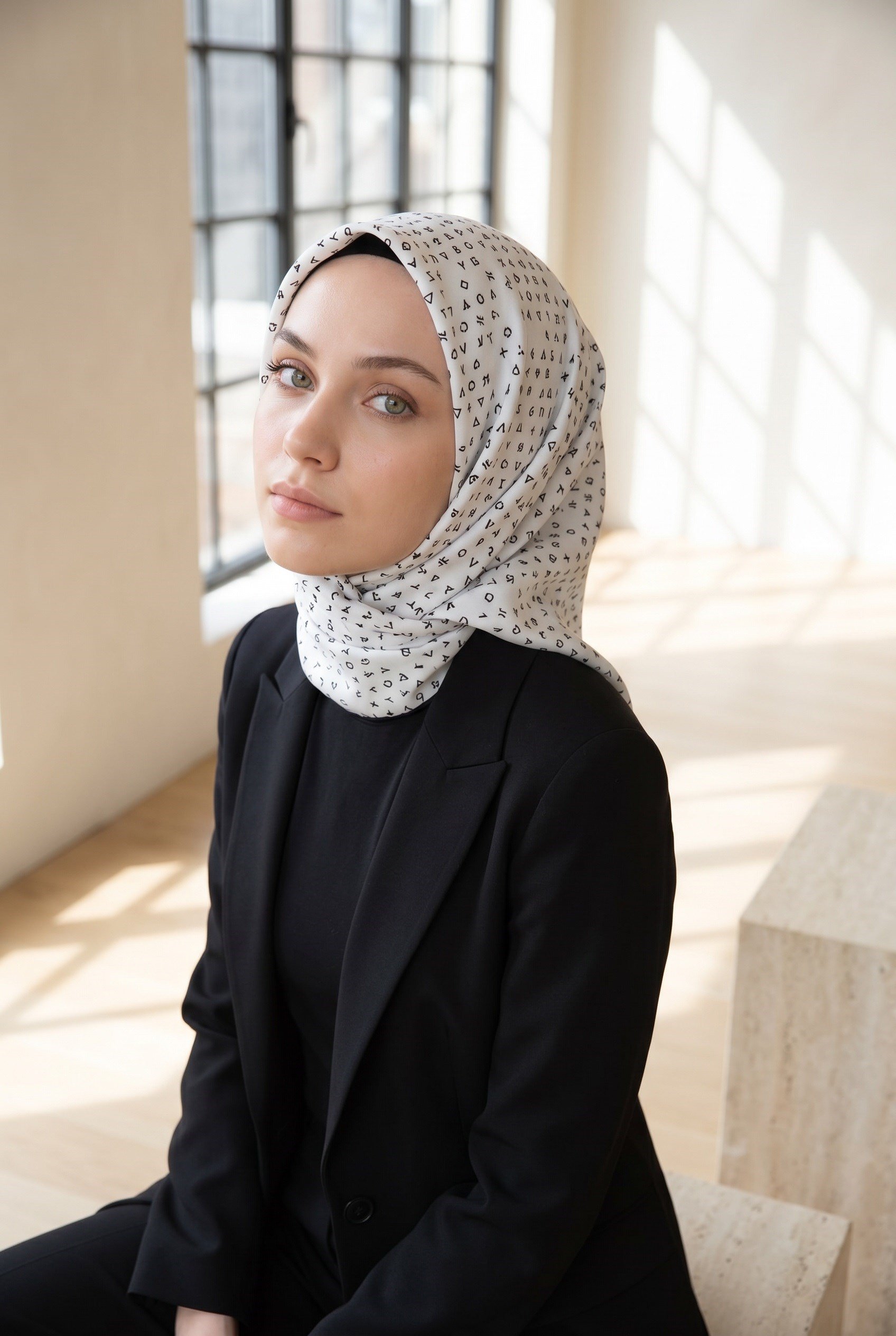 %100 Twill İpek Çıtır Motif Desenli Krem - Siyah Renkli 90x90 Eşarp Dikim Şekli : El Dikişi