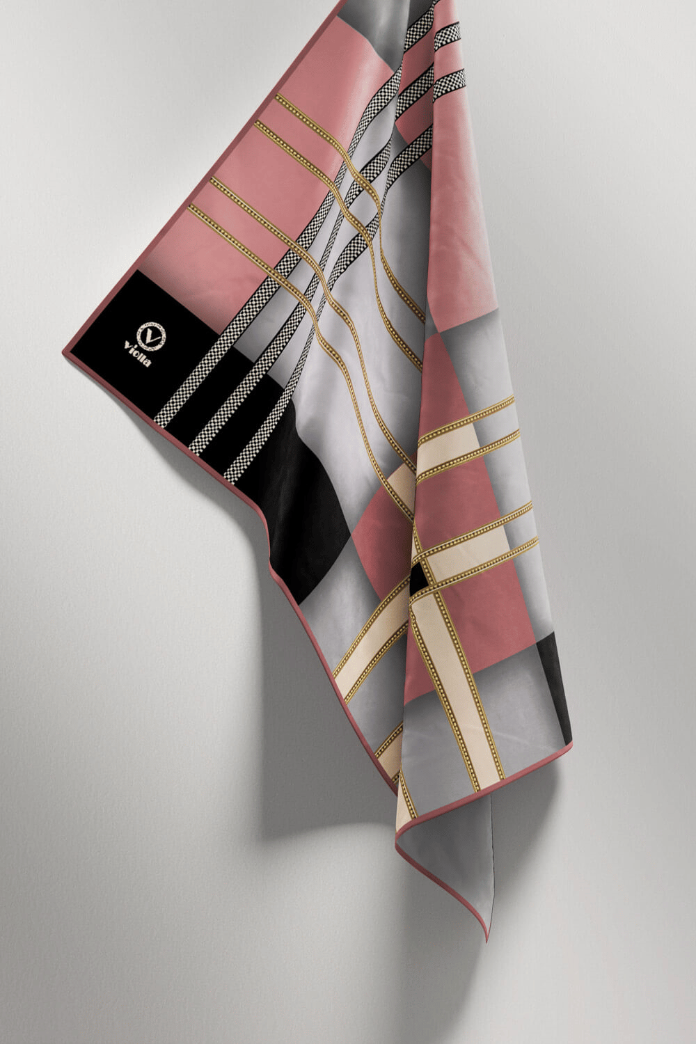 Twill Geometrik Desenli Gri - Pudra Renkli 90x90 Eşarp (İpek İçermez) Kenar Dikiş Şekli El Dikişli