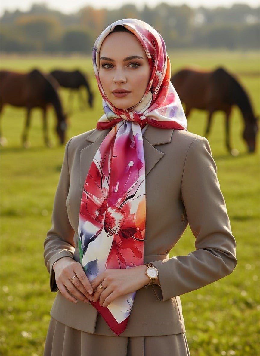 %100 Twill İpek Sulu Boya Çiçek Desenli Kırmızı - Fuşya Renkli 90x90 Eşarp Dikim Şekli : El Dikişi