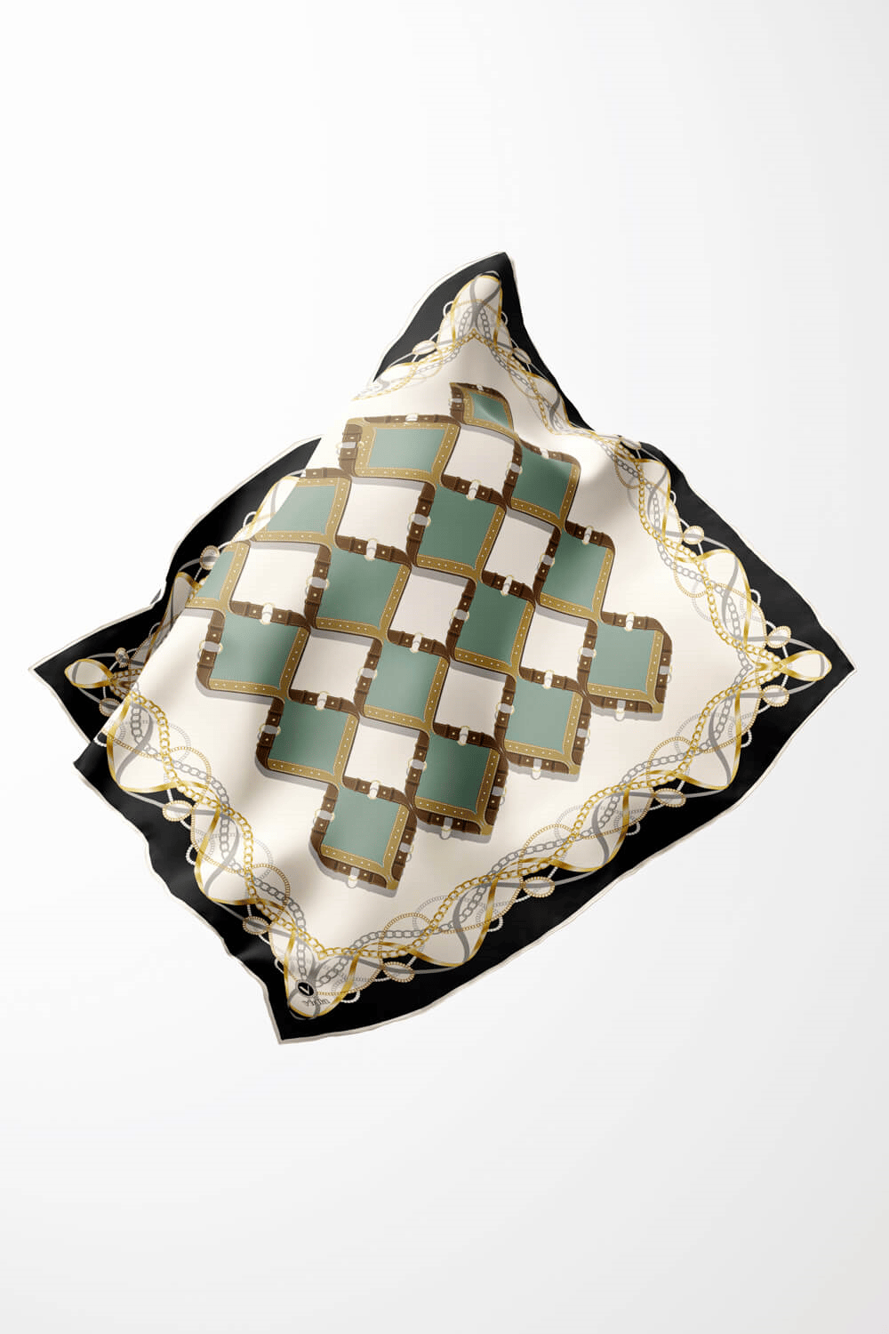 Twill Kemer Ve Zincir Desenli Koyu Mint Yeşiili Renkli 90x90 Eşarp (İpek İçermez) Kenar Dikiş Şekli El Dikişli