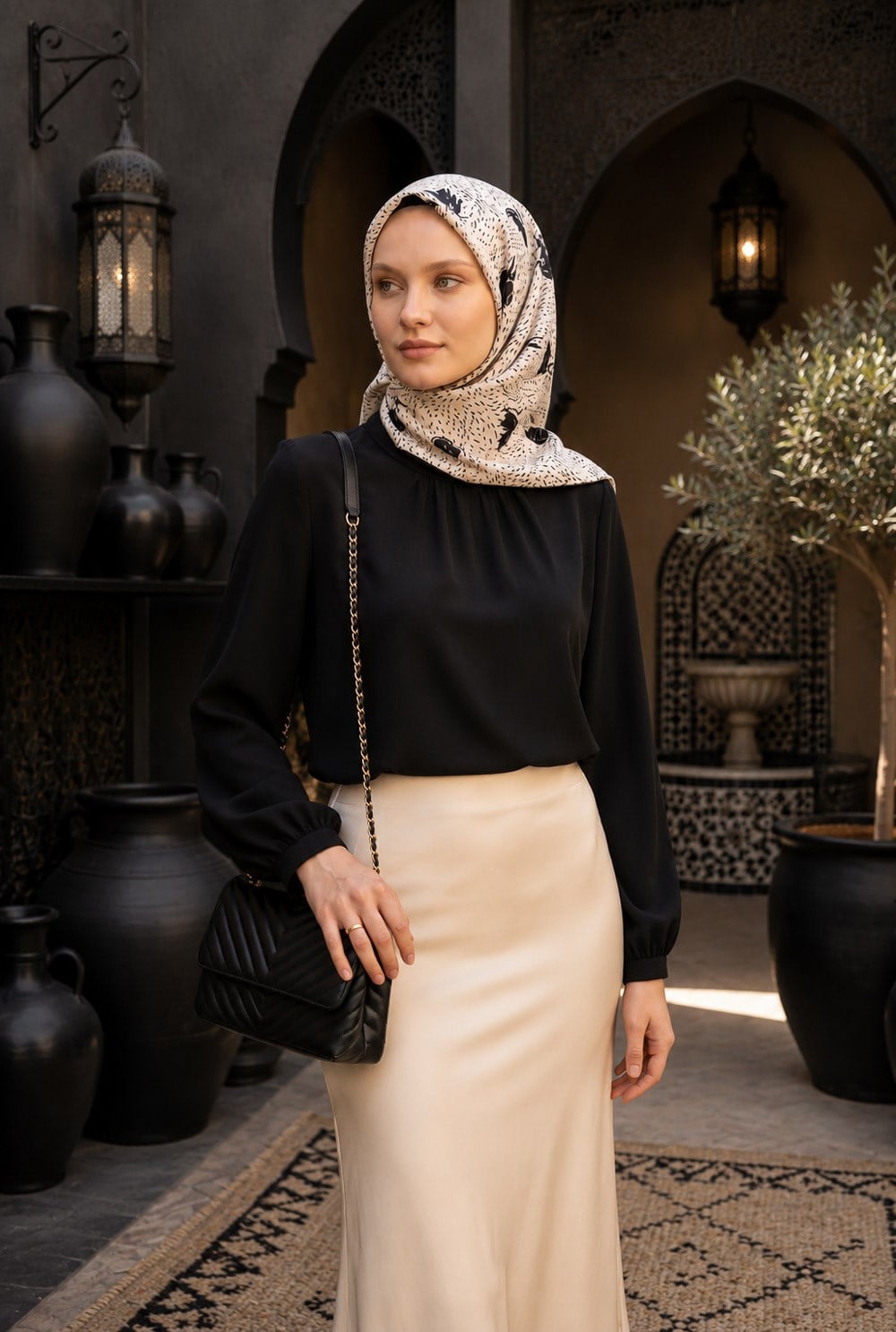 %100 Twill İpek Çıtır Çiçek Desenli Krem - Siyah Renkli 90x90 Eşarp Dikim Şekli : El Dikişi