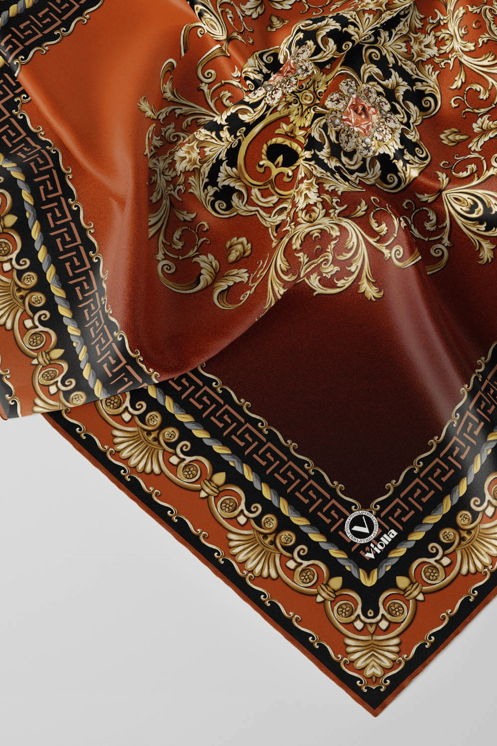 Twill Barok Desenli Siyah - Taba Renkli 90x90 Eşarp (İpek İçermez) Dikim Şekli : El Dikişi
