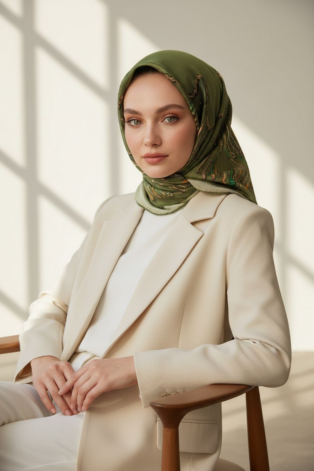 %100 Twill İpek Zincir Desenli Haki Renkli 90x90 Eşarp Dikim Şekli : El Dikişi