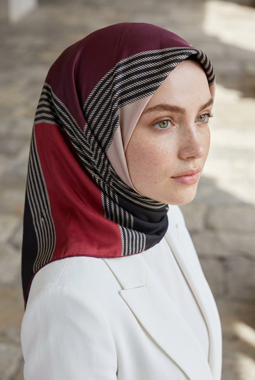 %100 Twill İpek Geometrik Desenli Bordo Renkli 90x90 Eşarp Dikim Şekli : El Dikişi