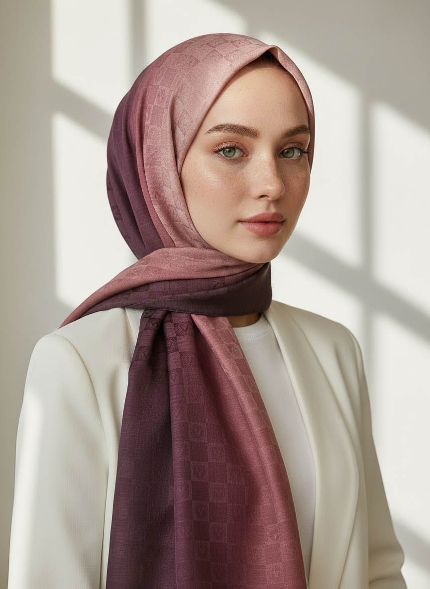 Vissona %57 İPEK %43 PAMUK Degrade Desenli Gül Kurusu Renkli Şal -  70x190 Dikiş Tipi İtalyan Dikişli