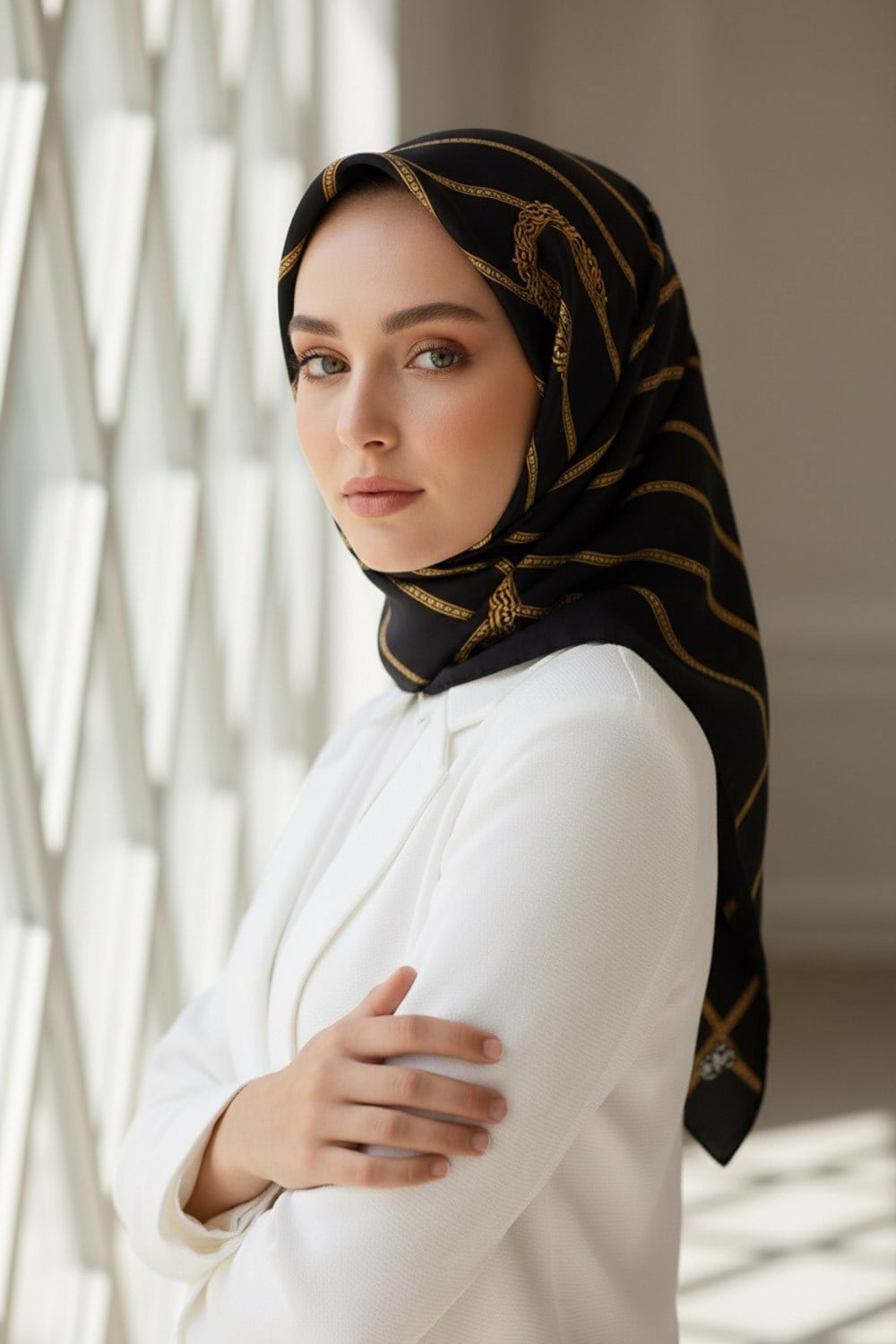 %100 Twill İpek Kemer Desenli Siyah - Siyah Renkli 90x90 Eşarp Dikim Şekli : El Dikişi