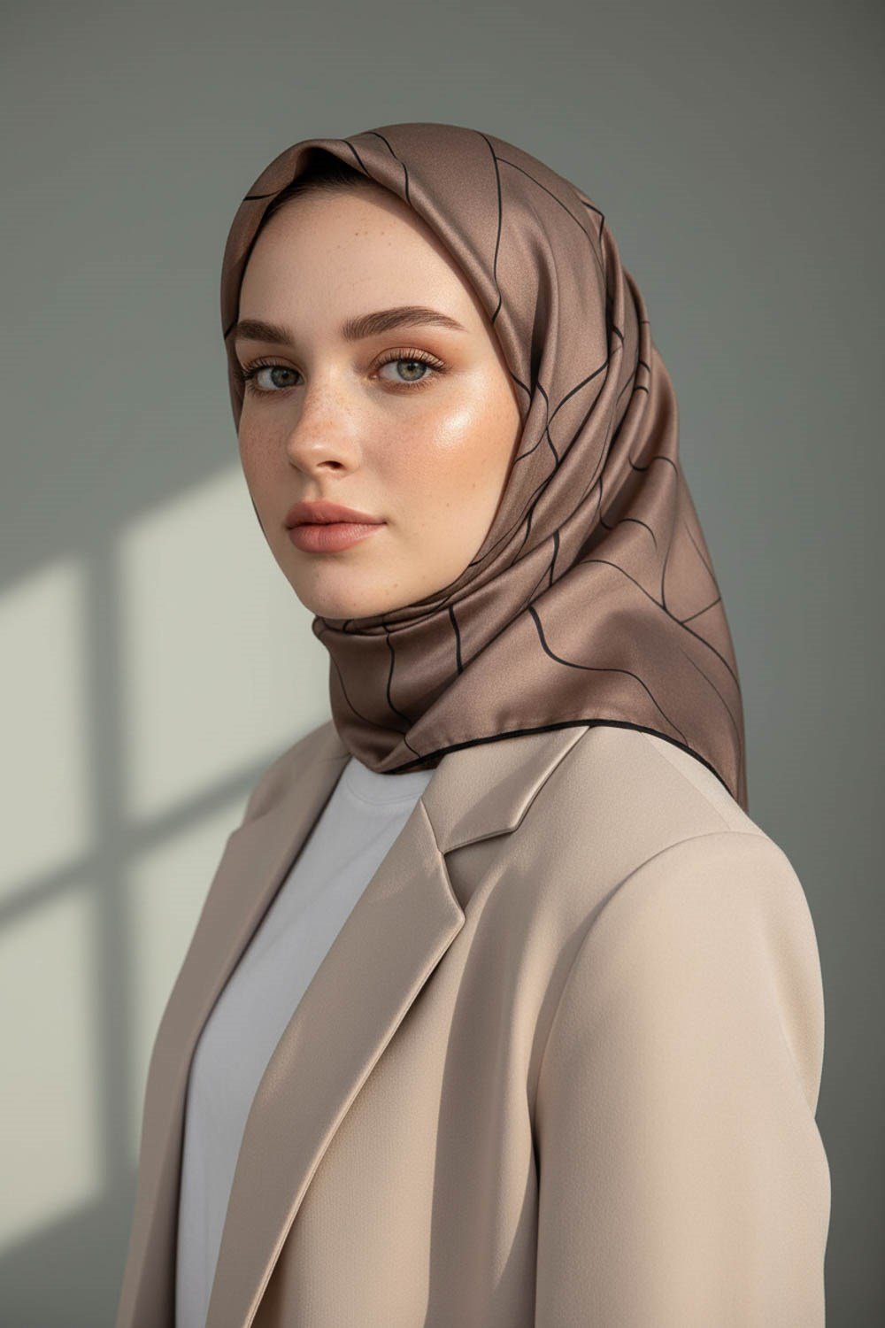 %100 Twill İpek Çizgi Desenli Vizon - Siyah Renkli 90x90 Eşarp Dikim Şekli : El Dikişi