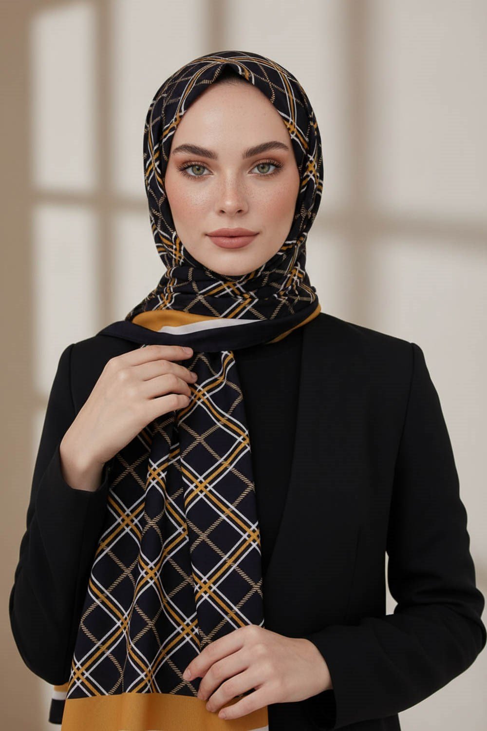 KREP EKOSE DESENLİ SİYAH - GOLD RENKLİ 75X195 KIRIŞMAZ ŞAL