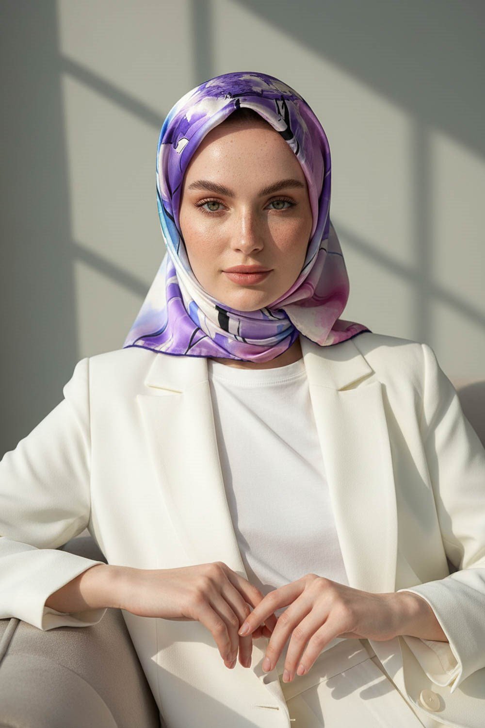 %100 Twill İpek Sulu Boya Çiçek Desenli Mor Renkli 90x90 Eşarp Dikim Şekli : El Dikişi