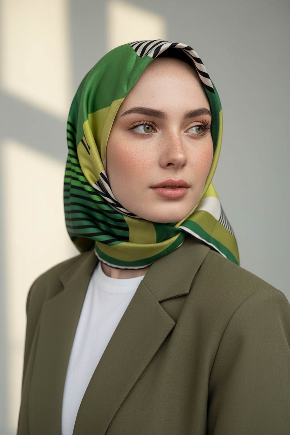 100% Twill İpek Geometrik Desenli Haki - Zümrüt Yeşili Renkli 90x90 Dikim Şekli : El Dikişi Eşarp