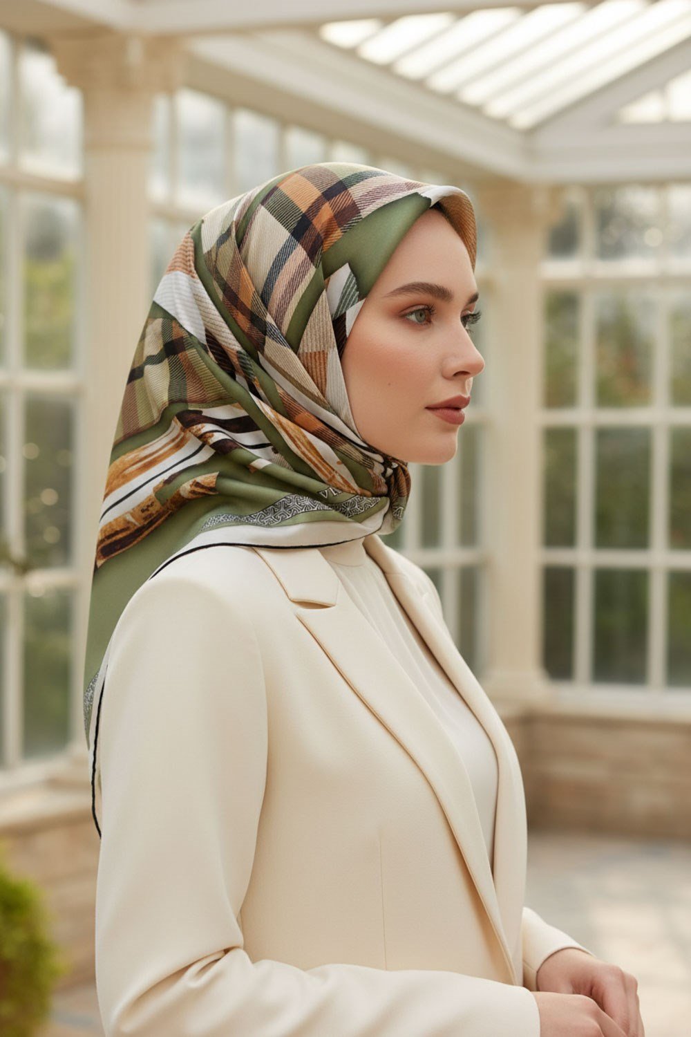 %100 Twill İpek Eşarp 90x90 Haki Bakır Ekose Desenli El Dikişli Kadın Eşarp