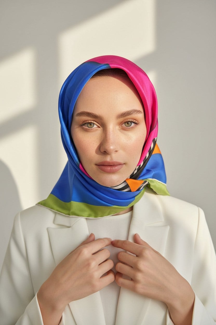 %100 Twill Renk Bloklu Çizgili Desenli Fuşya - Saks Renkli 90x90 Eşarp Dikim Şekli: El Dikişii