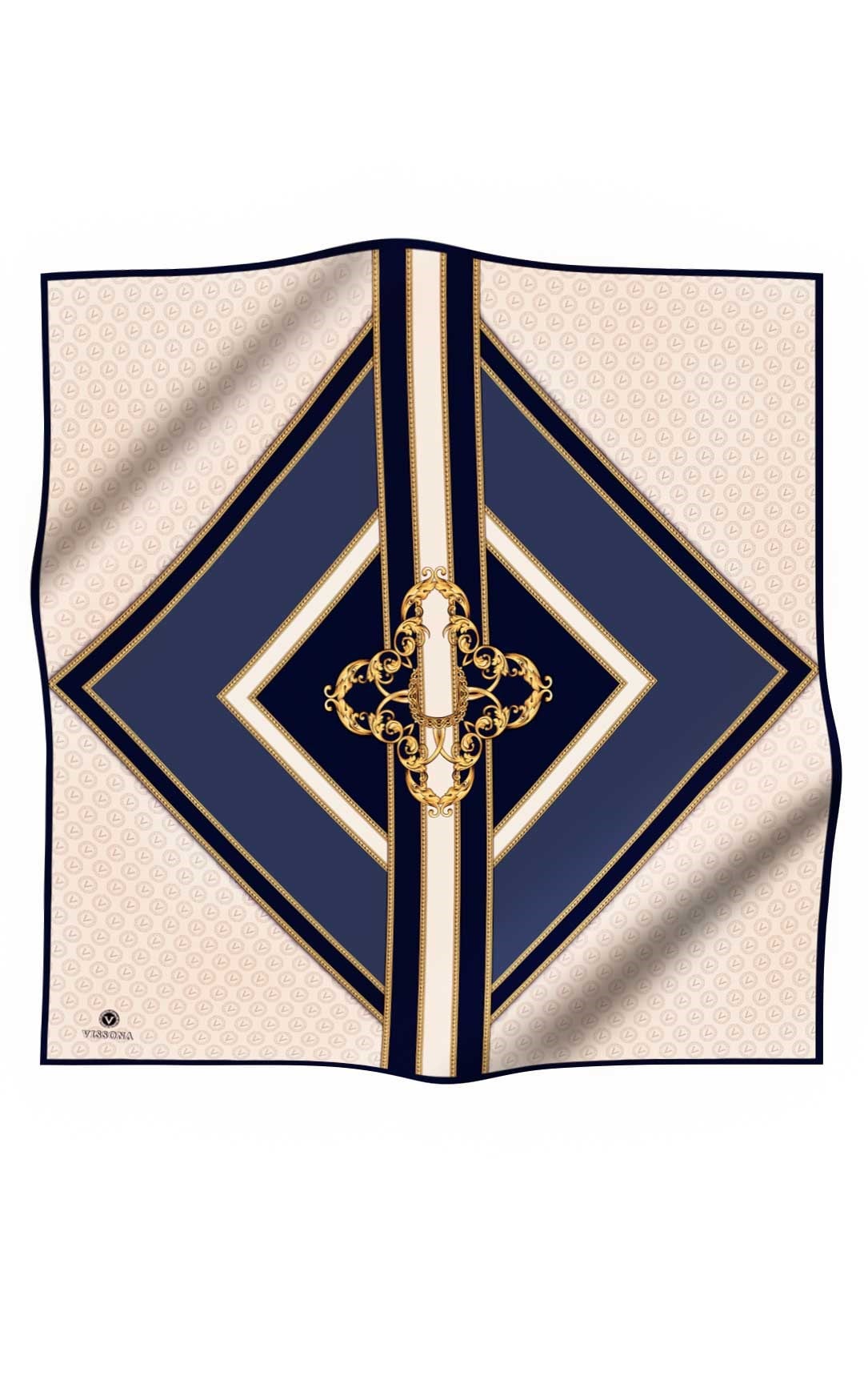 %100 Twill İpek Monogram ve Barok Desenli Lacivert - İndigo Renkli 90x90 Eşarp Dikim Şekli : El Dikişi