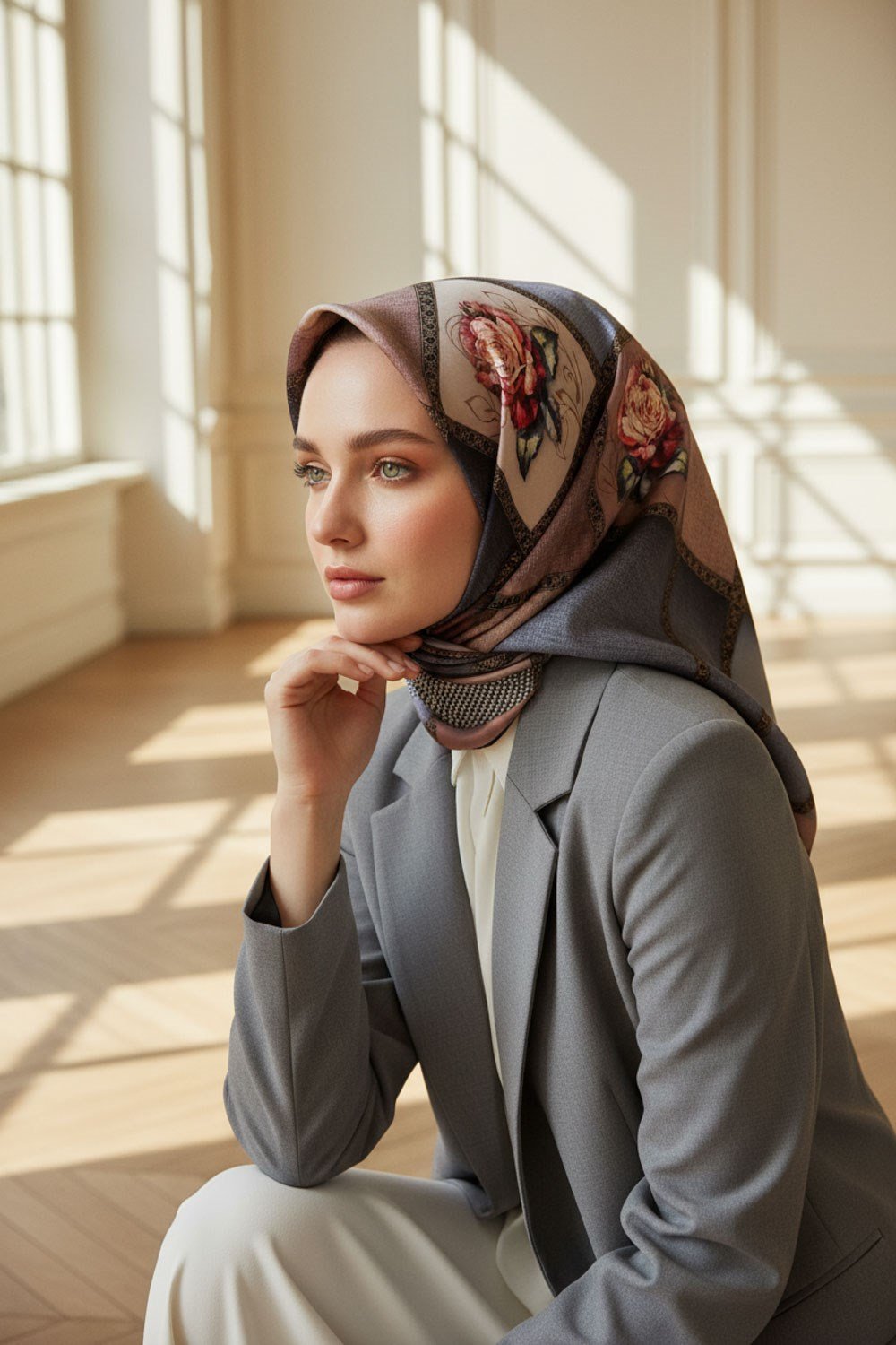 %100 Twill İpek Dokulu Çiçekli Ve Geometrik Desenli Pudra - Gri Renkli 90x90 Eşarp Dikim Şekli : El Dikişi