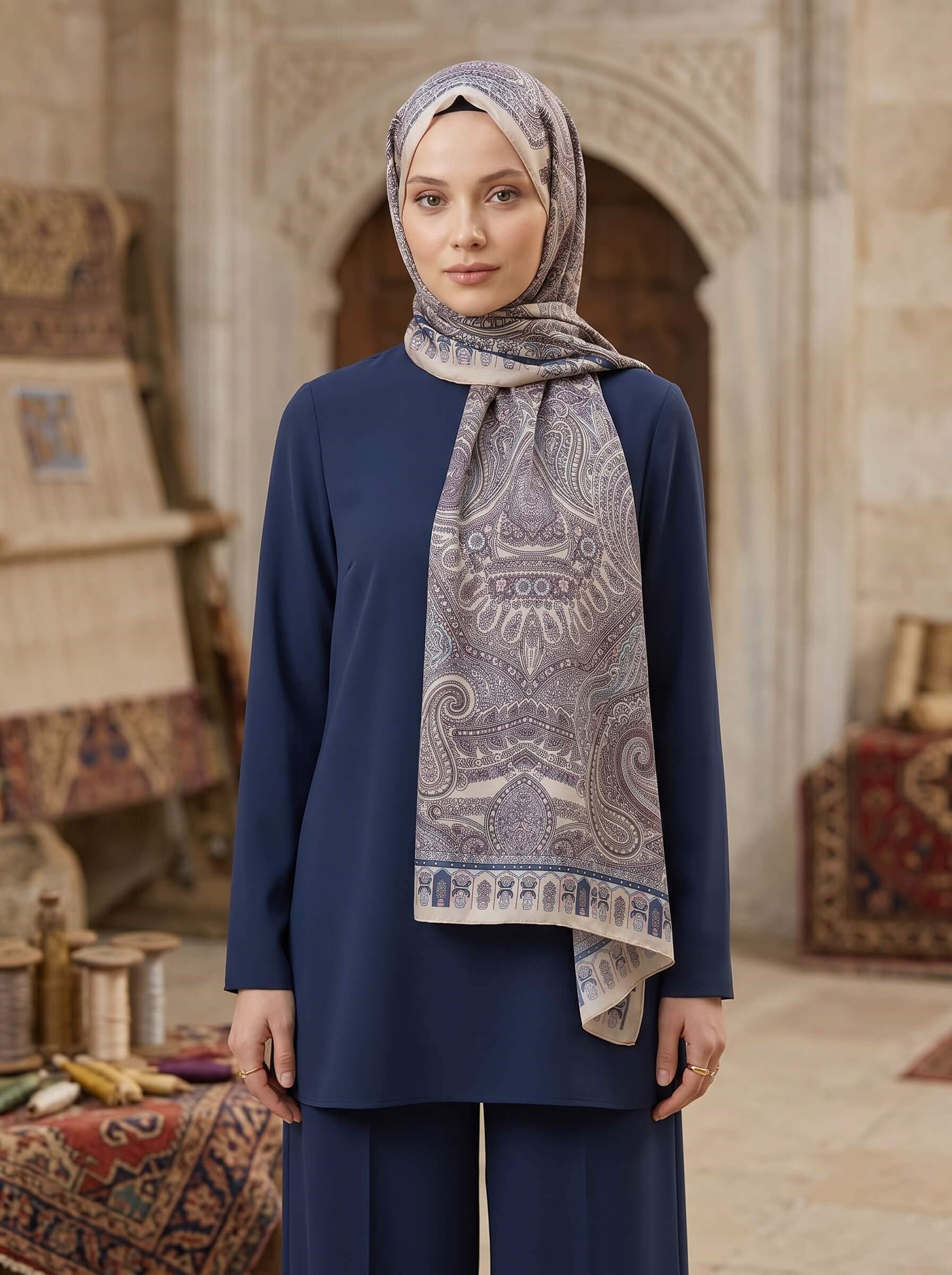 100% İPEK ETRO DESENLİ BEJ - MÜRDÜM RENKLİ ŞAL