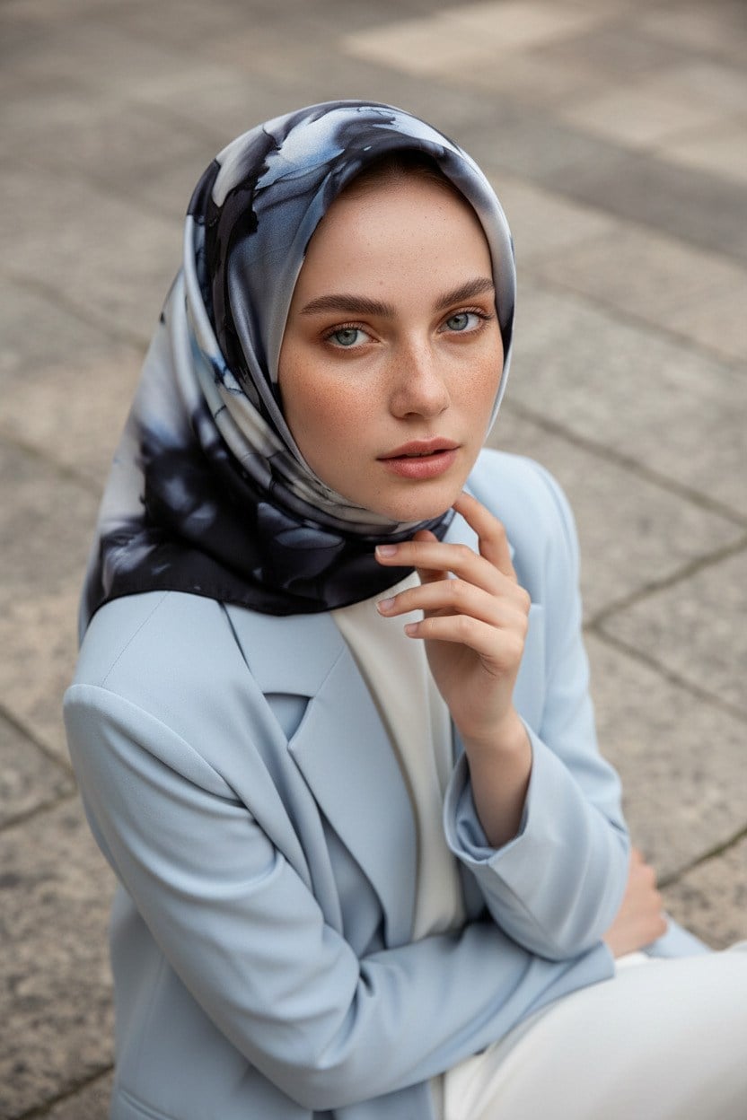 % 57 İPEK % 43 VİSKON Twill İpek Batik Çiçek Desenli Gri - İndigo Renkli 90x90 Eşarp Kenar Dikiş Şekli El Dikişli