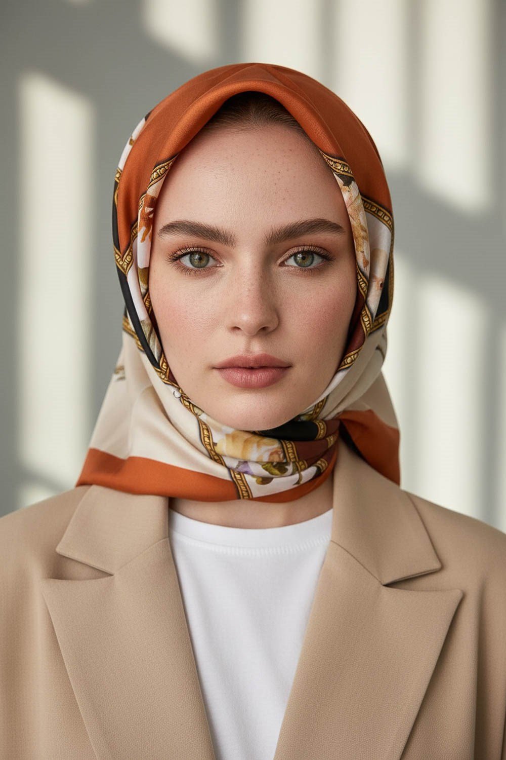 100% Twill İpek Şeritli Çiçek Desenli Taba - Siyah Renkli 90x90 Dikim Şekli : El Dikişi Eşarp