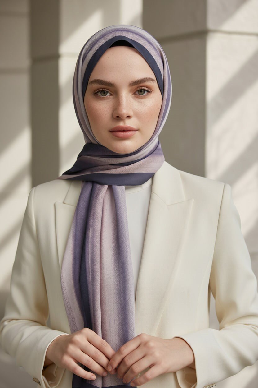 KREP SULU BOYA ÇİZGİLİ DESENLİ PUDRA RENKLİ 75X195 KIRIŞMAZ ŞAL
