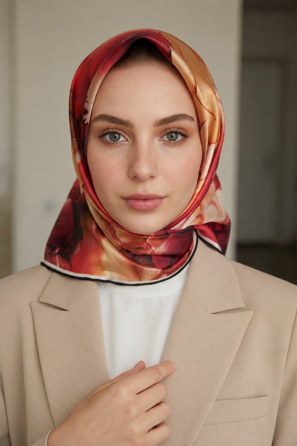 %100 Twill İpek Batik Çiçek Desenli Bordo - Hardal Renkli 90x90 Eşarp