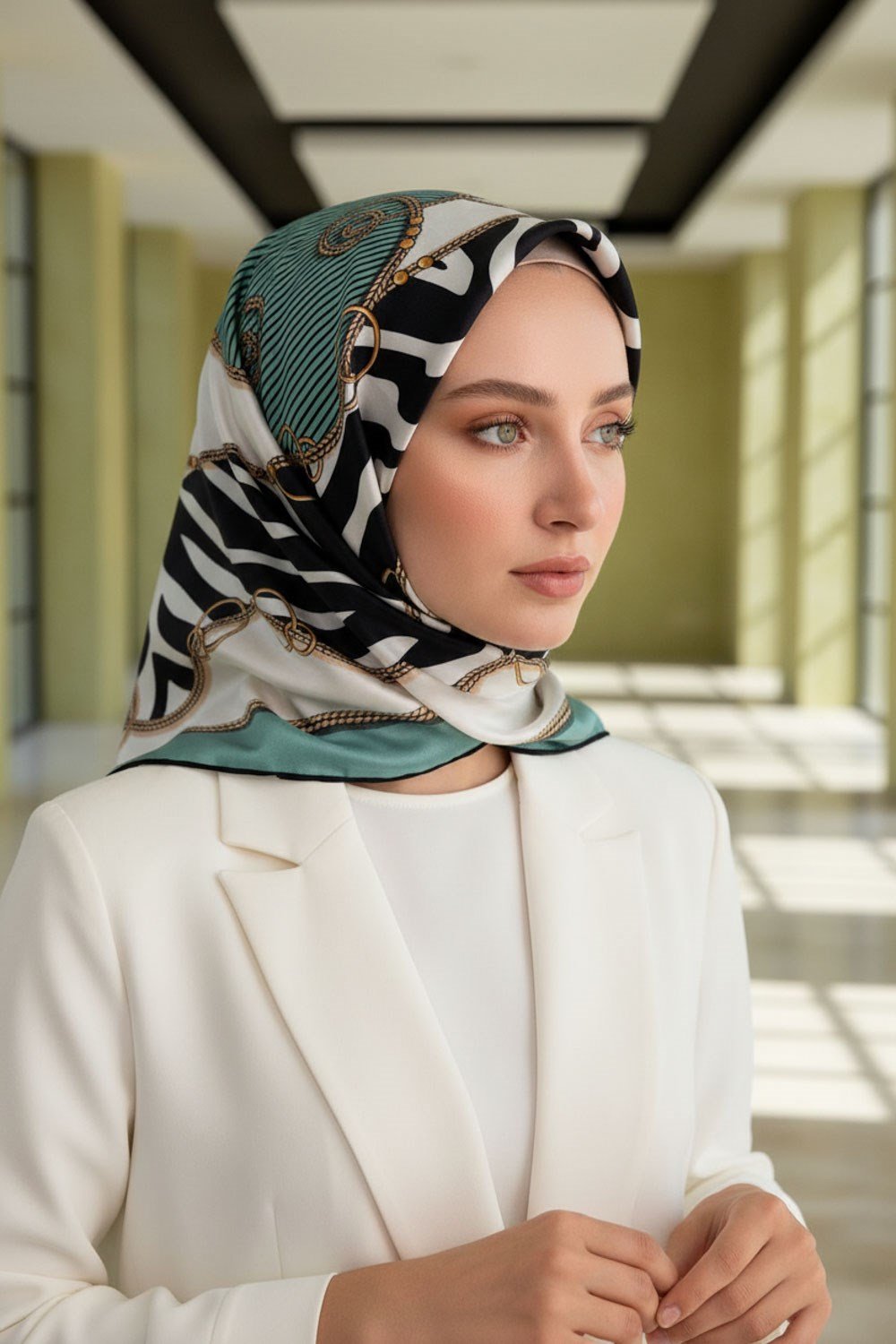 %100 Twill İpek Zincirli Ve Zebra Desenli Su Yeşili - Krem Renkli 90x90 Eşarp Dikim Şekli : El Dikişi