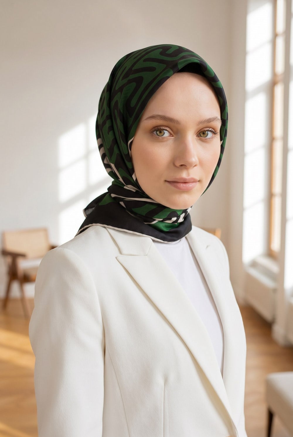 100% Twill İpek Bordürlü Dalga Desenli Siyah - Zümrüt Yeşili Renkli 90x90 Dikim Şekli : El Dikişi Eşarp
