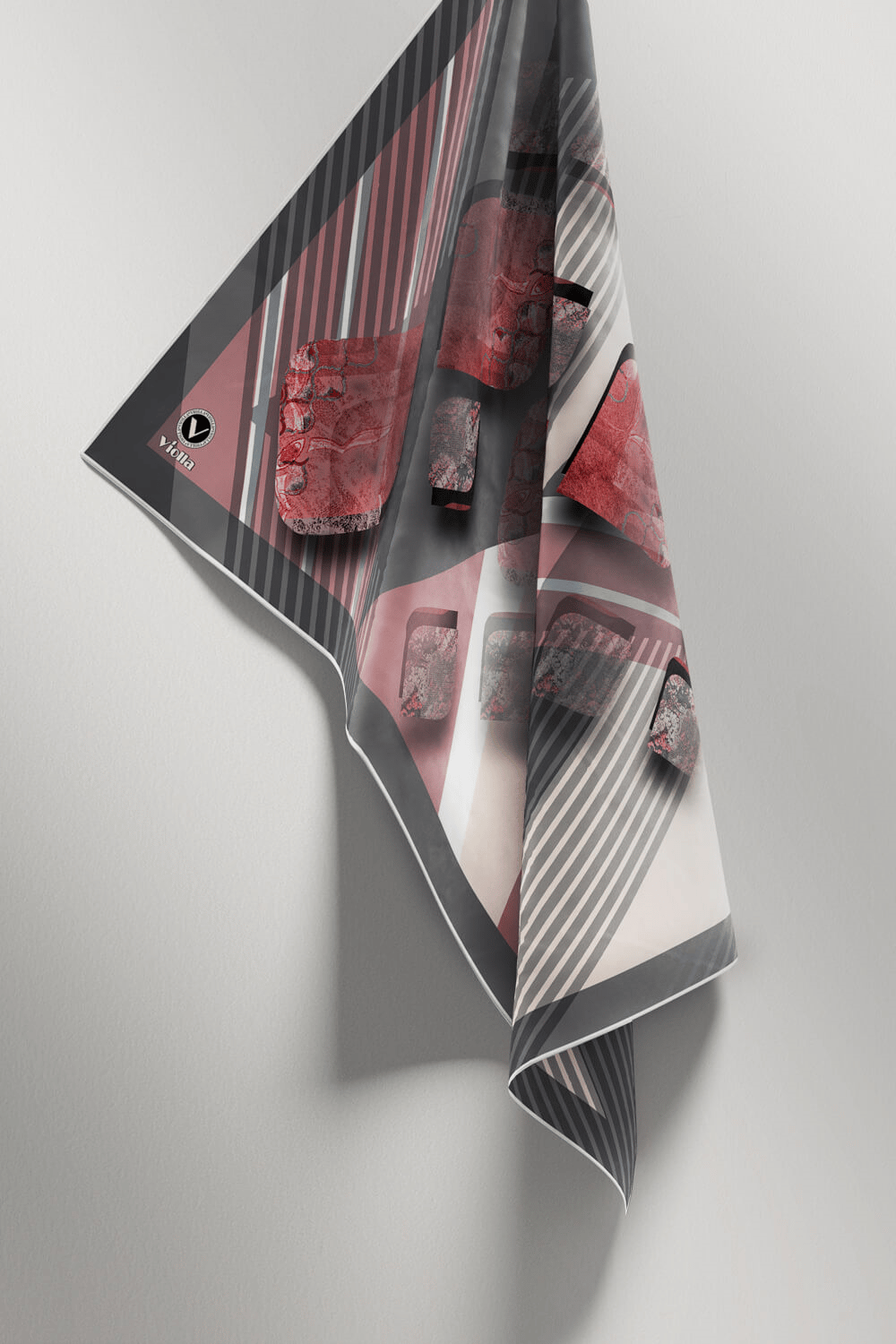 Twill Çizgili ve Geometrik Desenli Pudra Renkli 90x90 Eşarp (İpek İçermez) Kenar Dikiş Şekli El Dikişli