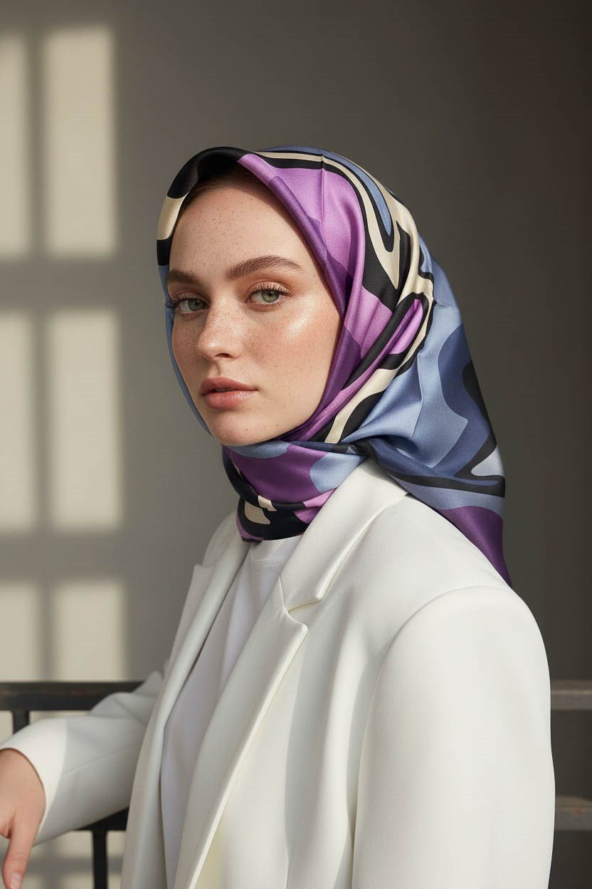 % 57 İPEK % 43 VİSKON Twill İpek Dalga Desenli İndigo - Lila Renkli 90x90 Dikim Şekli : El Dikişi Eşarp