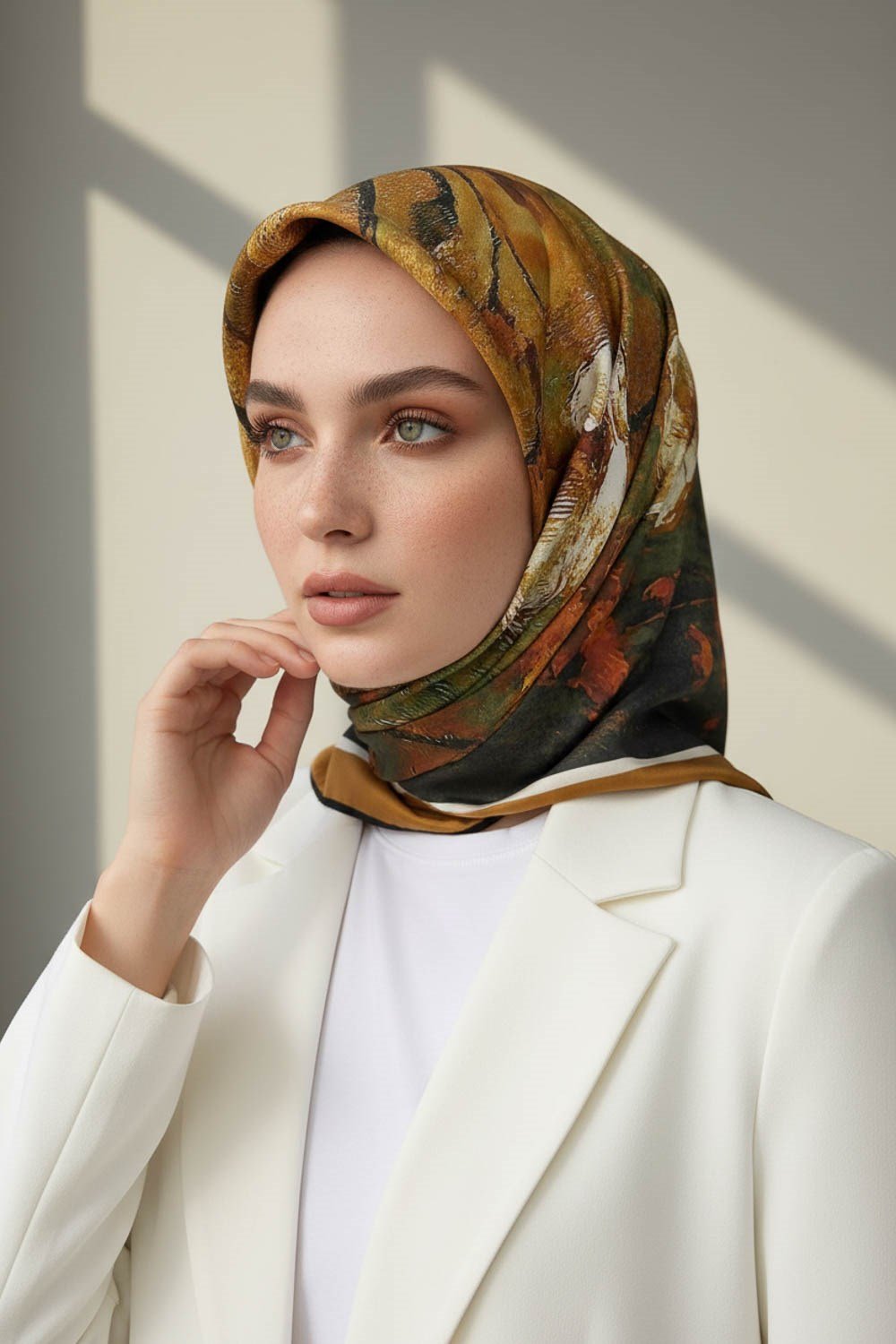 %100 Twill İpek Yağlı Boya Çiçek Desenli Bej - Haki Renkli 90x90 Eşarp Dikim Şekli : El Dikişi